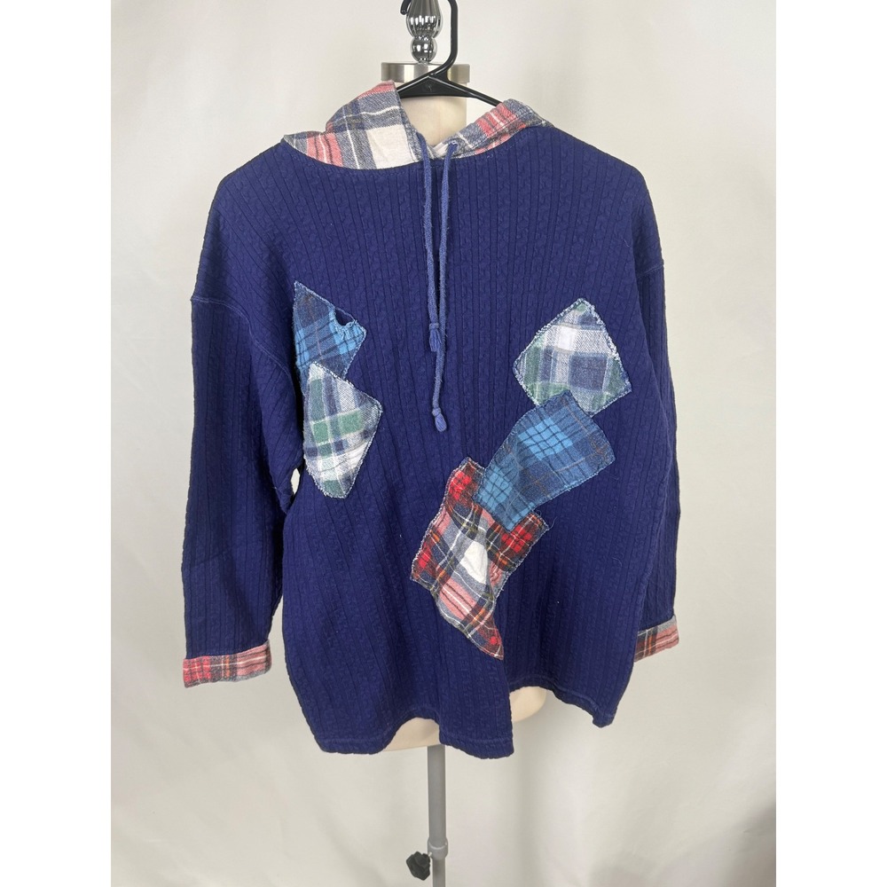 Spice Of Life Womens S‎ Pullover Hoodie Top Blue Plaid Patchwork Grannycore